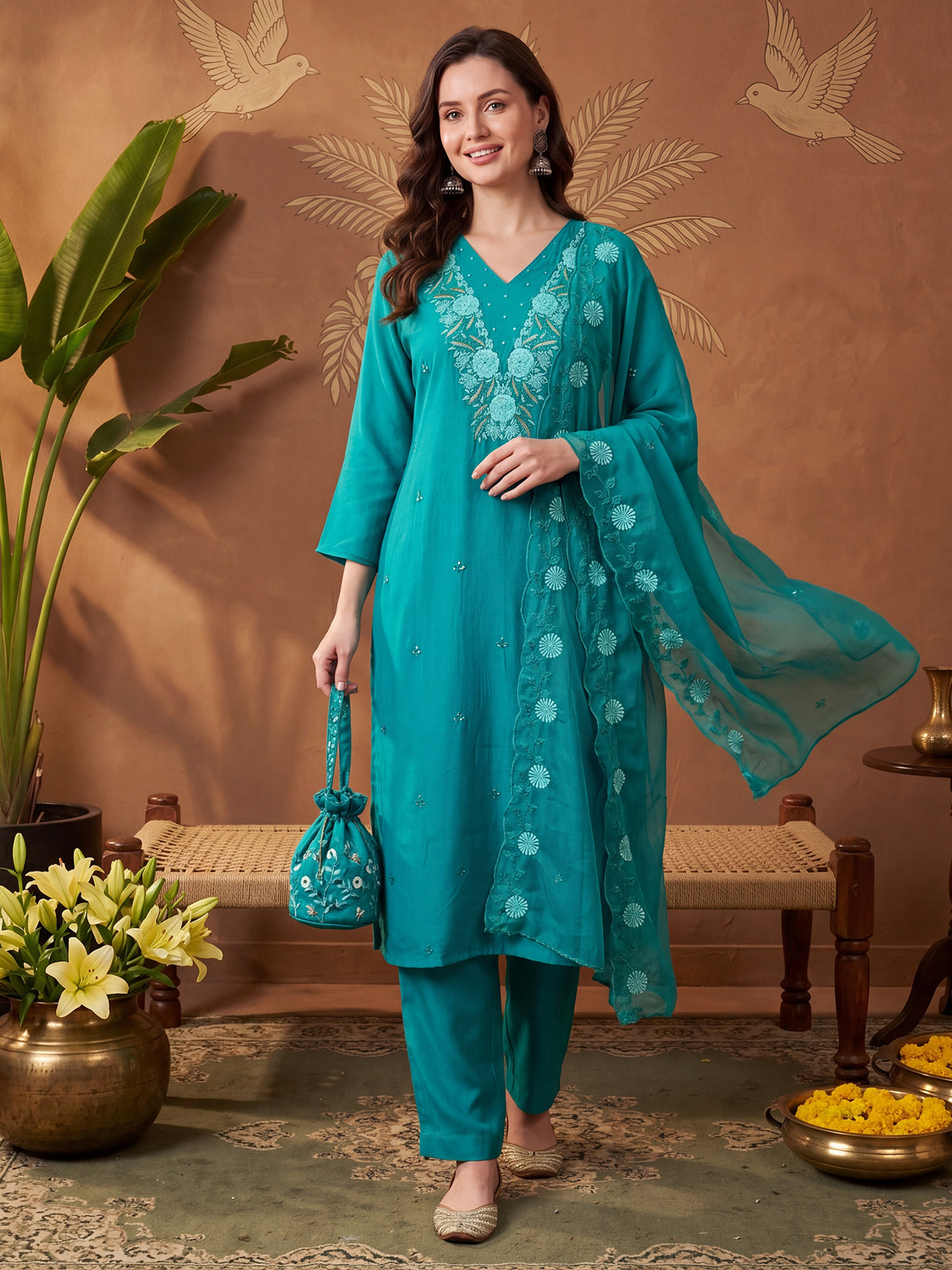 Green Embroidered Straight Kurta Trousers With Dupatta Set