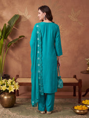 Green Embroidered Straight Kurta Trousers With Dupatta Set