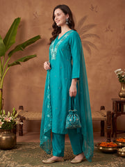 Green Embroidered Straight Kurta Trousers With Dupatta Set