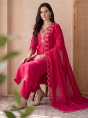 Pink Embroidered Straight Kurta Trousers With Dupatta Set