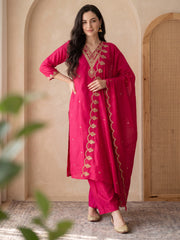 Pink Embroidered Straight Kurta Trousers With Dupatta Set