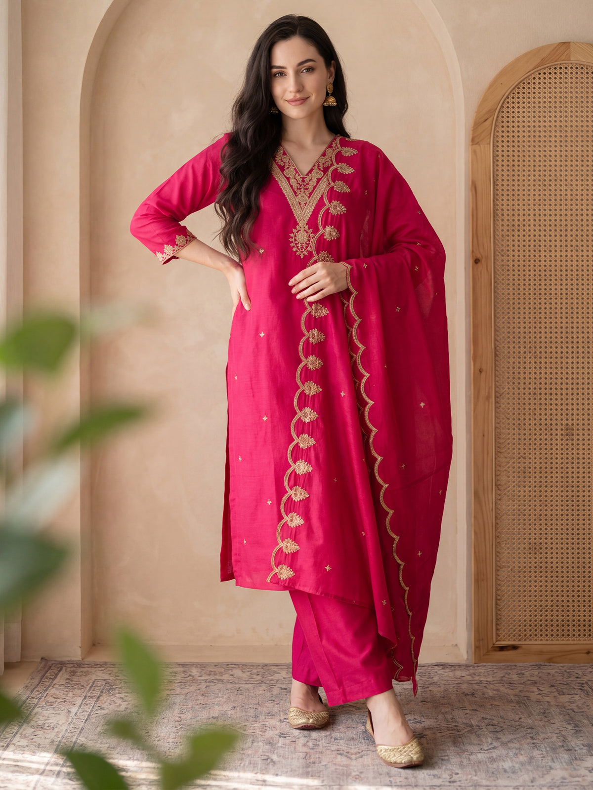 Pink Embroidered Straight Kurta Trousers With Dupatta Set