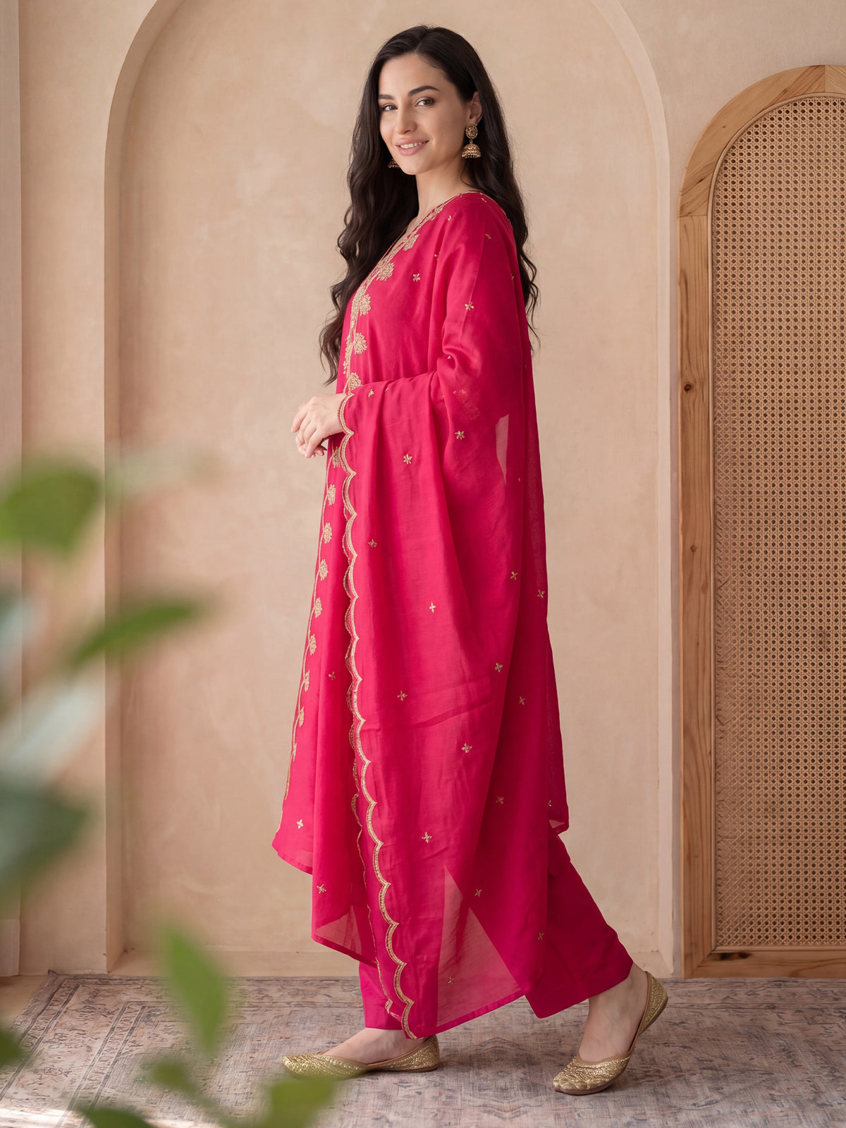 Pink Embroidered Straight Kurta Trousers With Dupatta Set