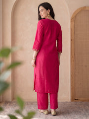 Pink Embroidered Straight Kurta Trousers With Dupatta Set