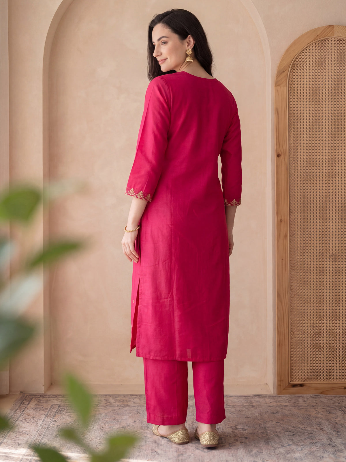Pink Embroidered Straight Kurta Trousers With Dupatta Set