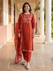 Rust Printed Straight Kurta Trousers With Dupatta Set