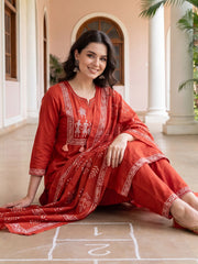Rust Printed Straight Kurta Trousers With Dupatta Set