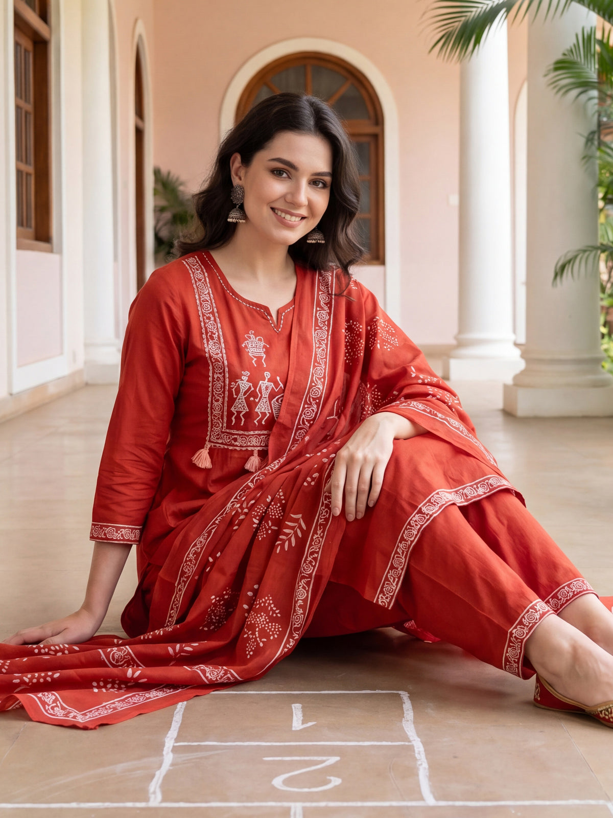 Rust Printed Straight Kurta Trousers With Dupatta Set