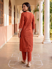 Rust Printed Straight Kurta Trousers With Dupatta Set