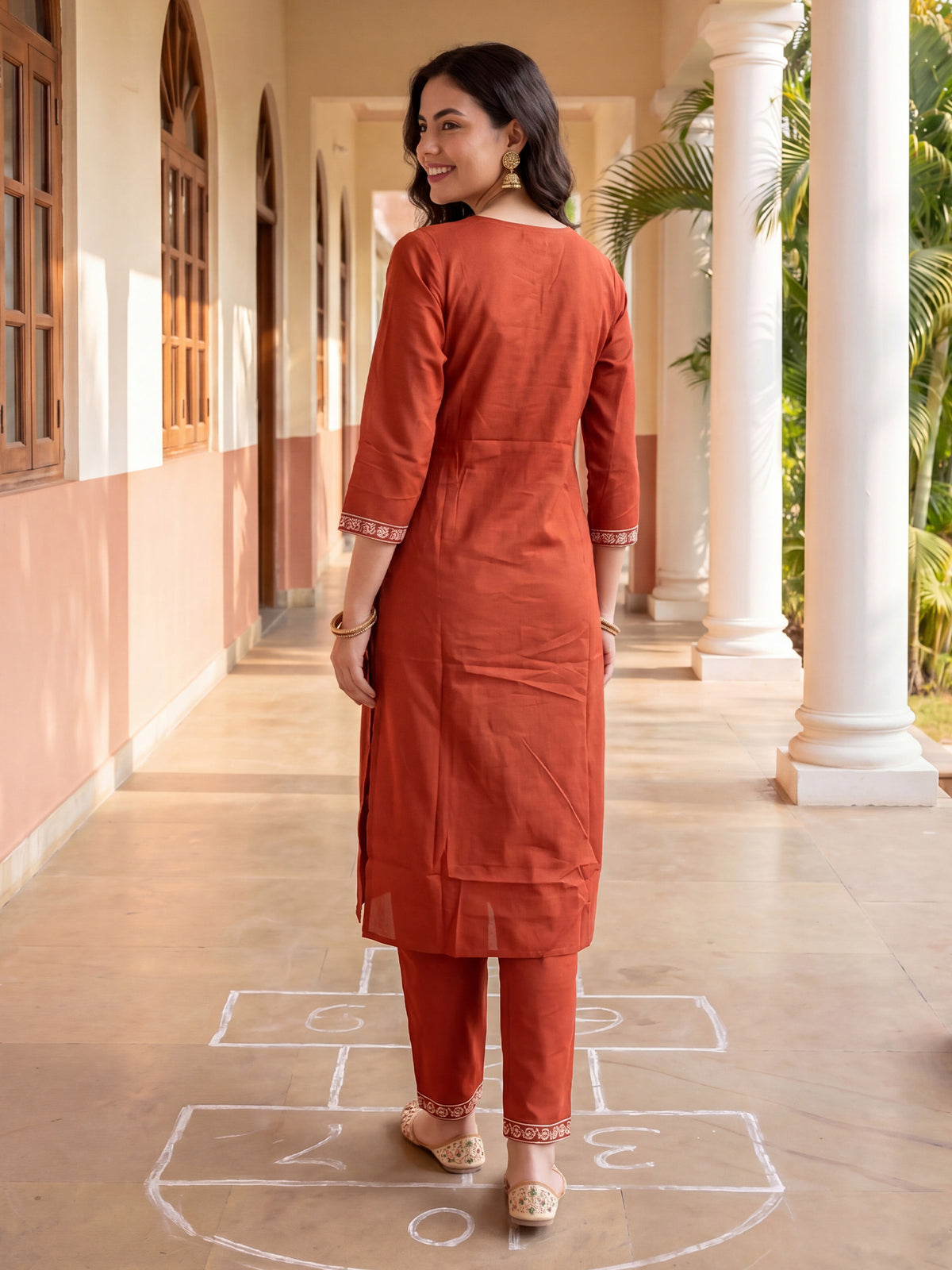 Rust Printed Straight Kurta Trousers With Dupatta Set