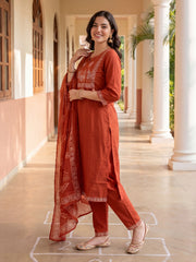 Rust Printed Straight Kurta Trousers With Dupatta Set