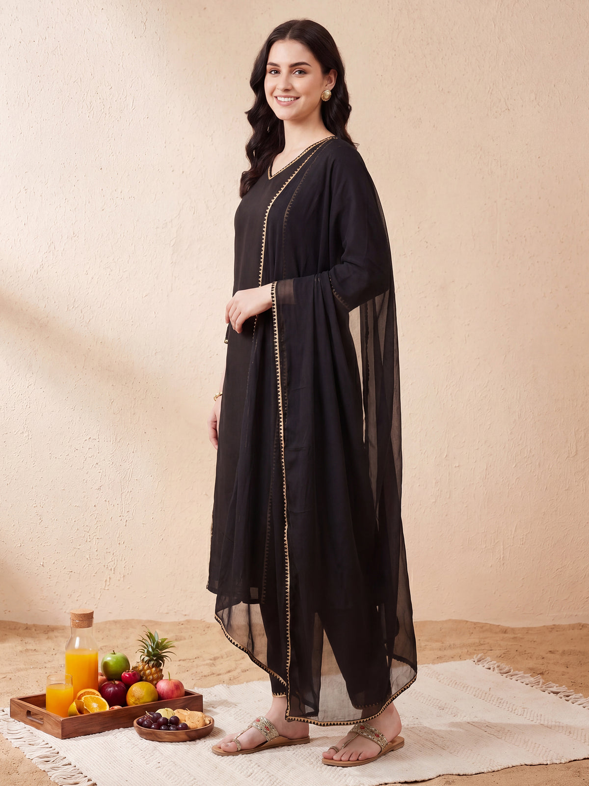 Black Embroidered A-Line Kurta Trousers With Dupatta Set