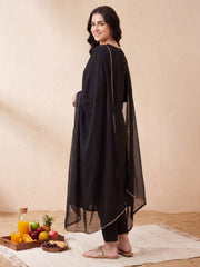 Black Embroidered A-Line Kurta Trousers With Dupatta Set