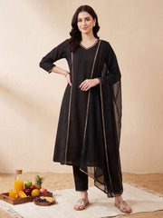 Black Embroidered A-Line Kurta Trousers With Dupatta Set