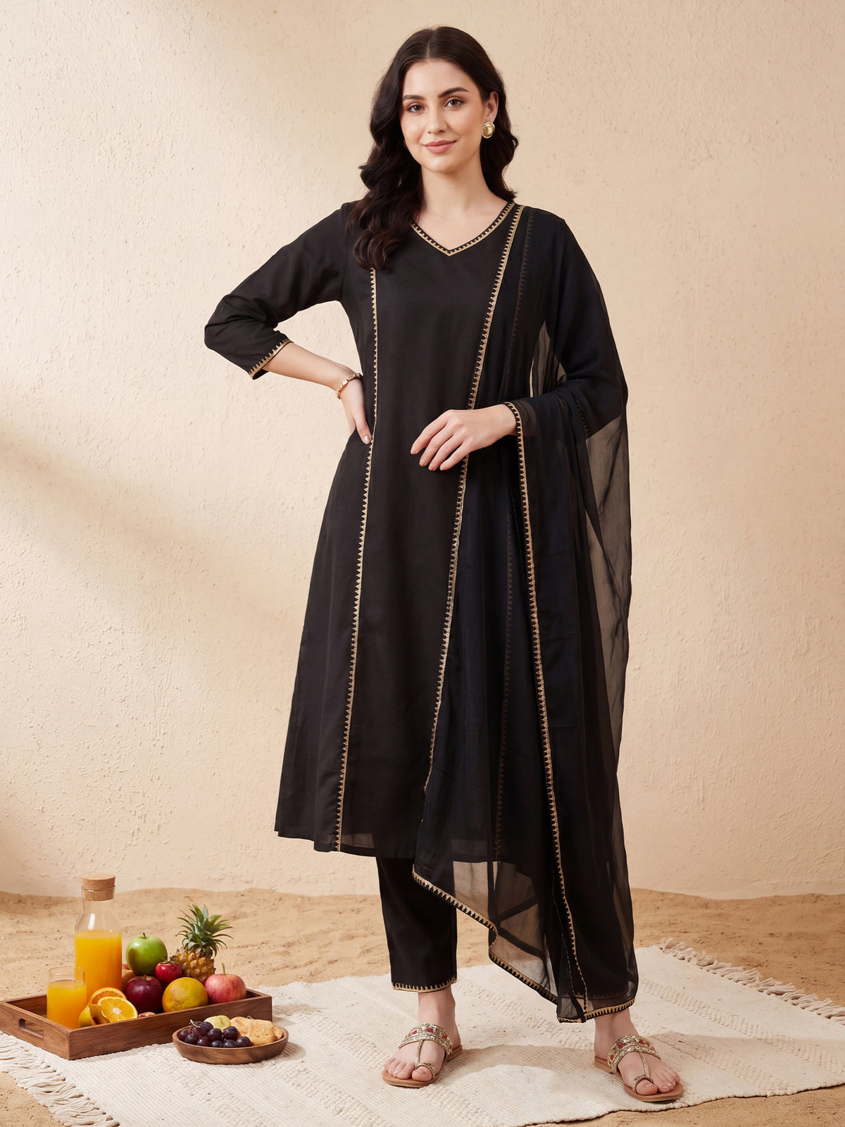 Black Embroidered A-Line Kurta Trousers With Dupatta Set