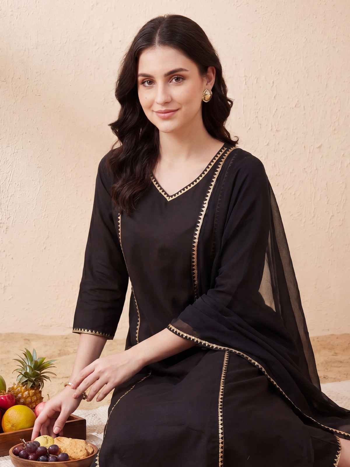 Black Embroidered A-Line Kurta Trousers With Dupatta Set