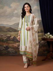Off White Printed Straight Kurta Trousers With Dupatta Set