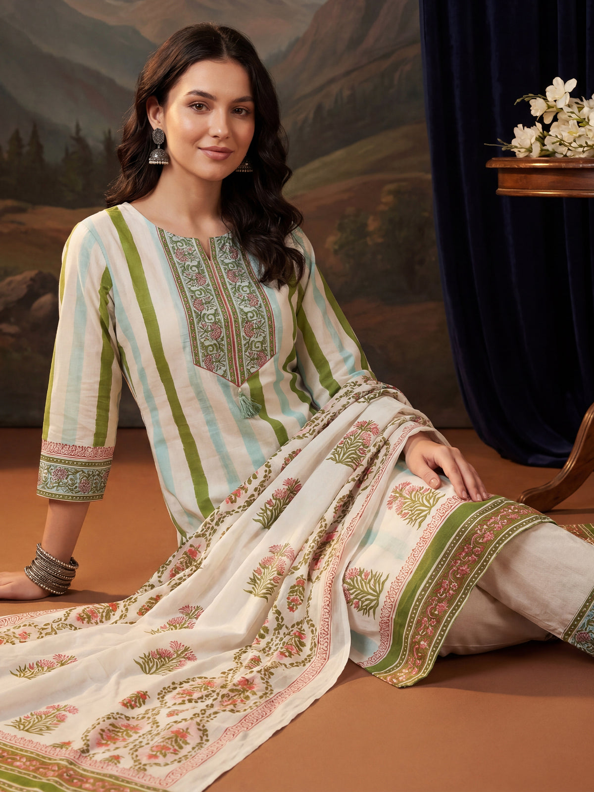 Off White Printed Straight Kurta Trousers With Dupatta Set