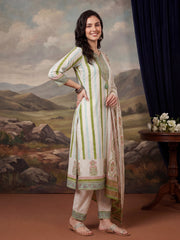 Off White Printed Straight Kurta Trousers With Dupatta Set