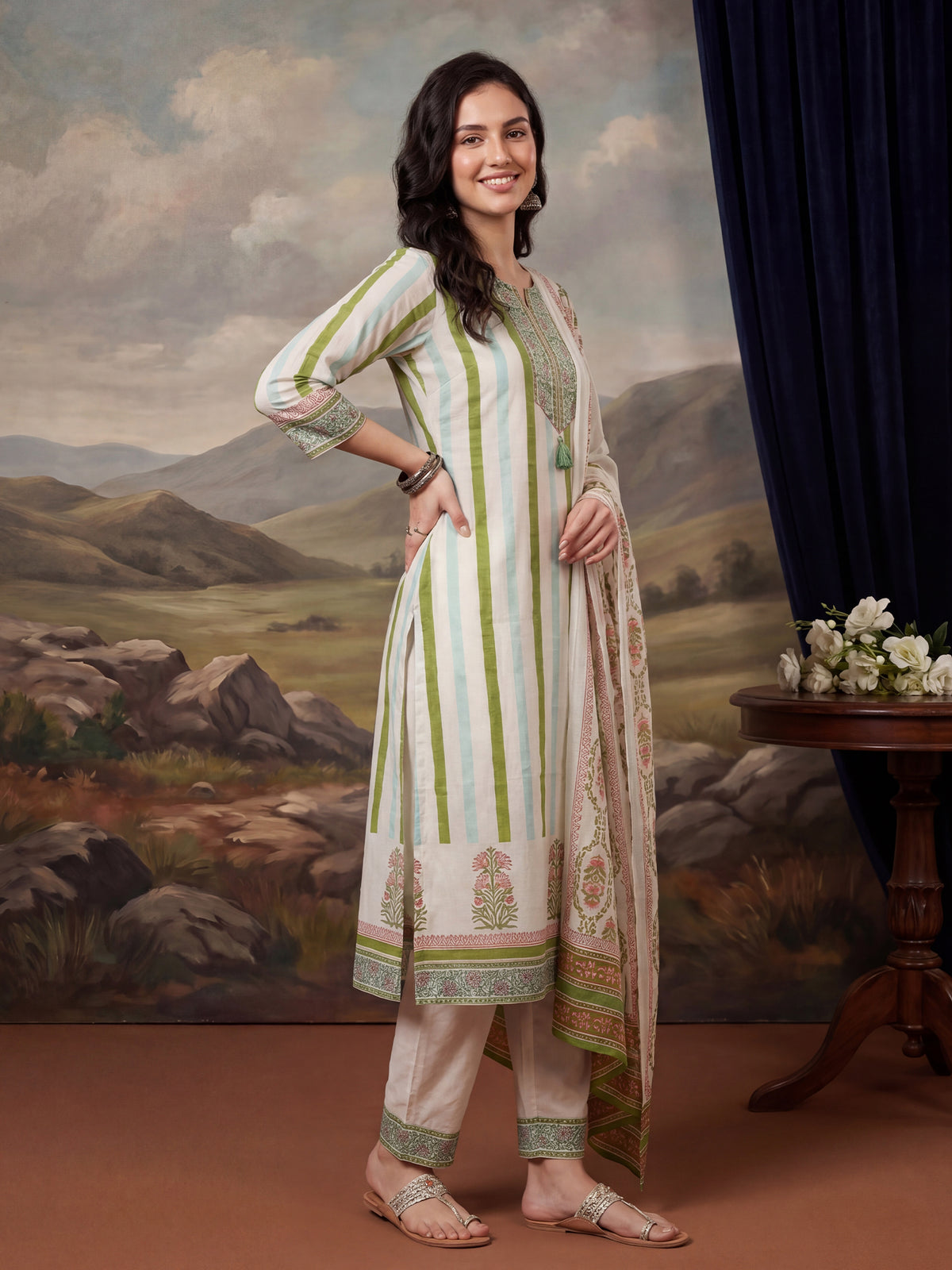 Off White Printed Straight Kurta Trousers With Dupatta Set