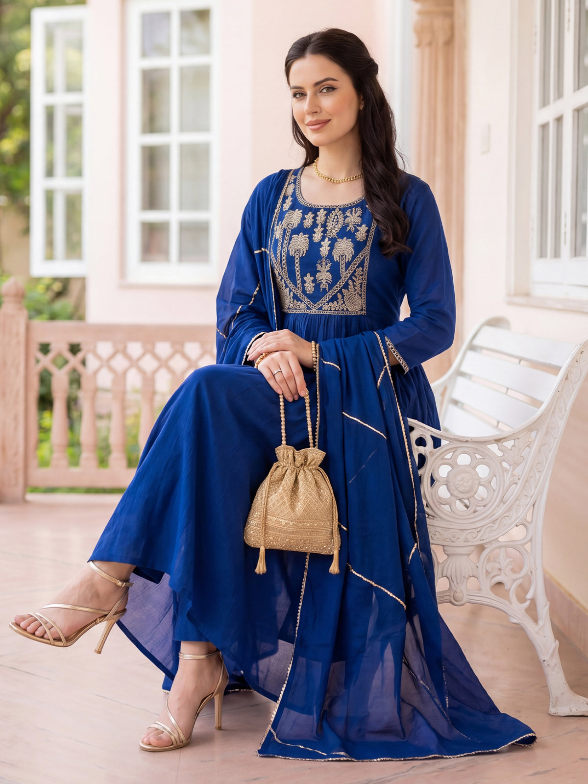 Blue Embroidered A-Line Kurta Trousers With Dupatta Set