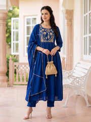Blue Embroidered A-Line Kurta Trousers With Dupatta Set