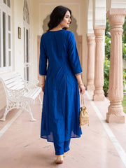 Blue Embroidered A-Line Kurta Trousers With Dupatta Set