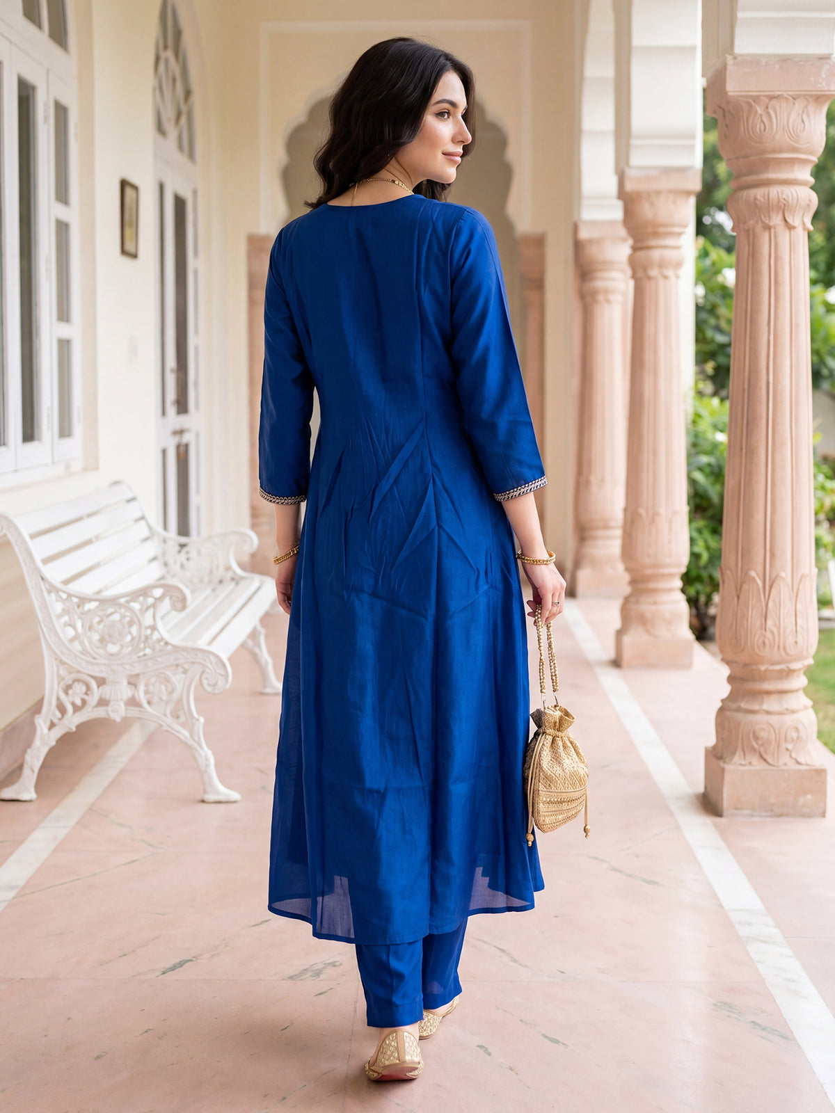 Blue Embroidered A-Line Kurta Trousers With Dupatta Set