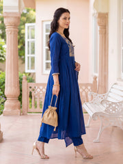 Blue Embroidered A-Line Kurta Trousers With Dupatta Set