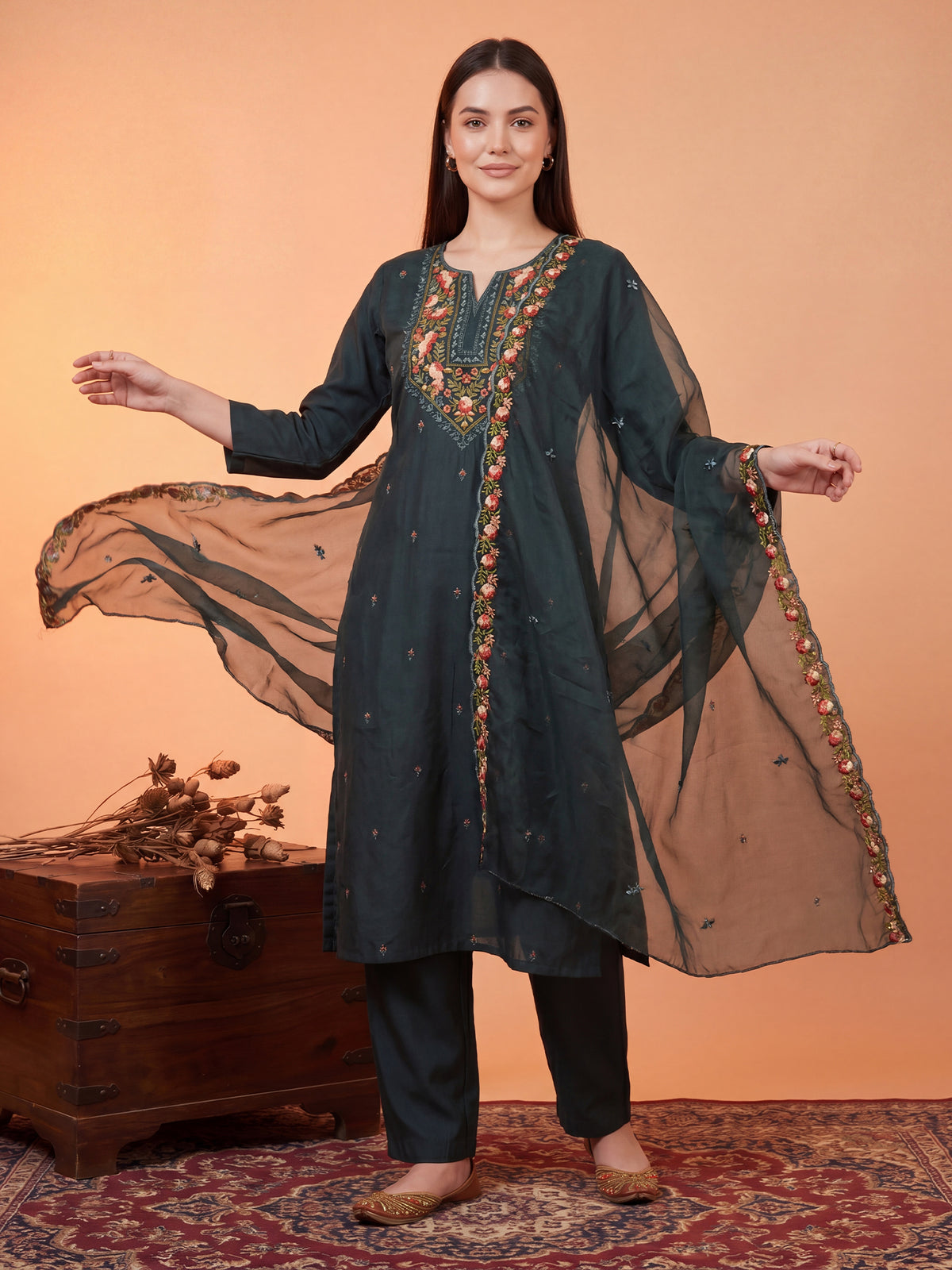Teal Embroidered Straight Kurta Trousers With Dupatta Set