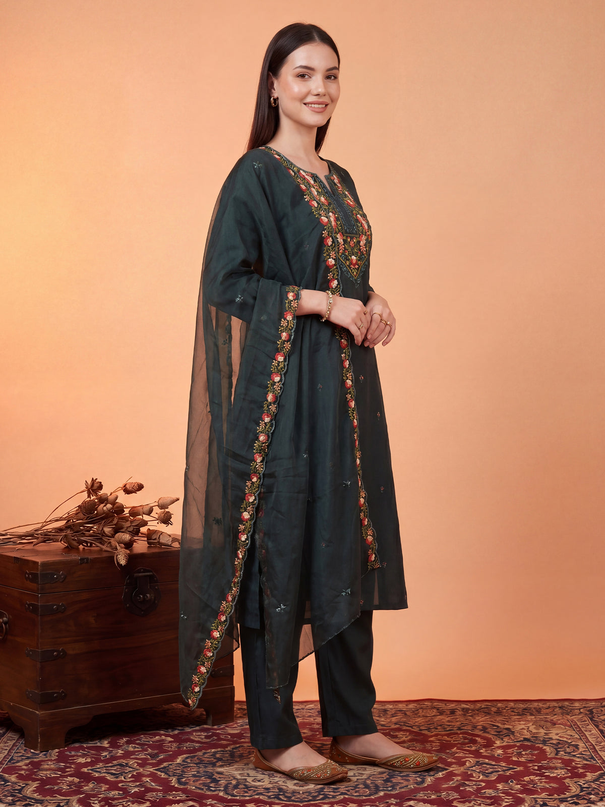 Teal Embroidered Straight Kurta Trousers With Dupatta Set