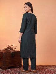 Teal Embroidered Straight Kurta Trousers With Dupatta Set