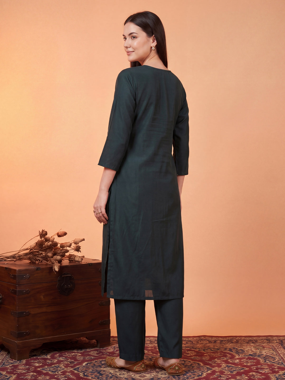 Teal Embroidered Straight Kurta Trousers With Dupatta Set