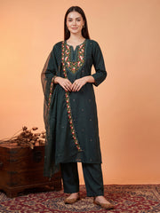 Teal Embroidered Straight Kurta Trousers With Dupatta Set