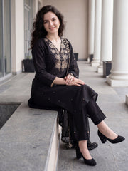Black Embroidered Straight Kurta Trousers With Dupatta Set