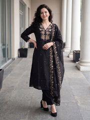 Black Embroidered Straight Kurta Trousers With Dupatta Set