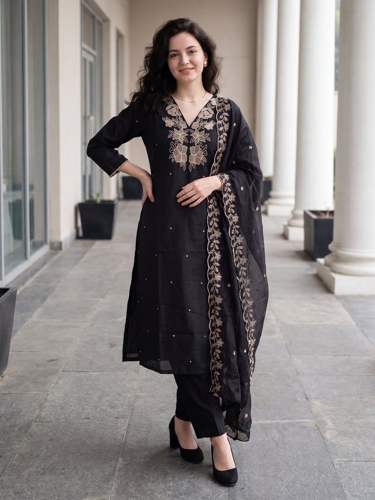 Black Embroidered Straight Kurta Trousers With Dupatta Set