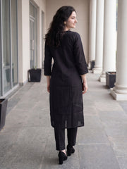 Black Embroidered Straight Kurta Trousers With Dupatta Set
