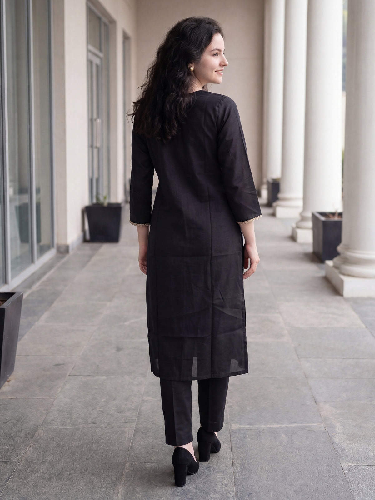 Black Embroidered Straight Kurta Trousers With Dupatta Set