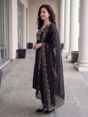 Black Embroidered Straight Kurta Trousers With Dupatta Set