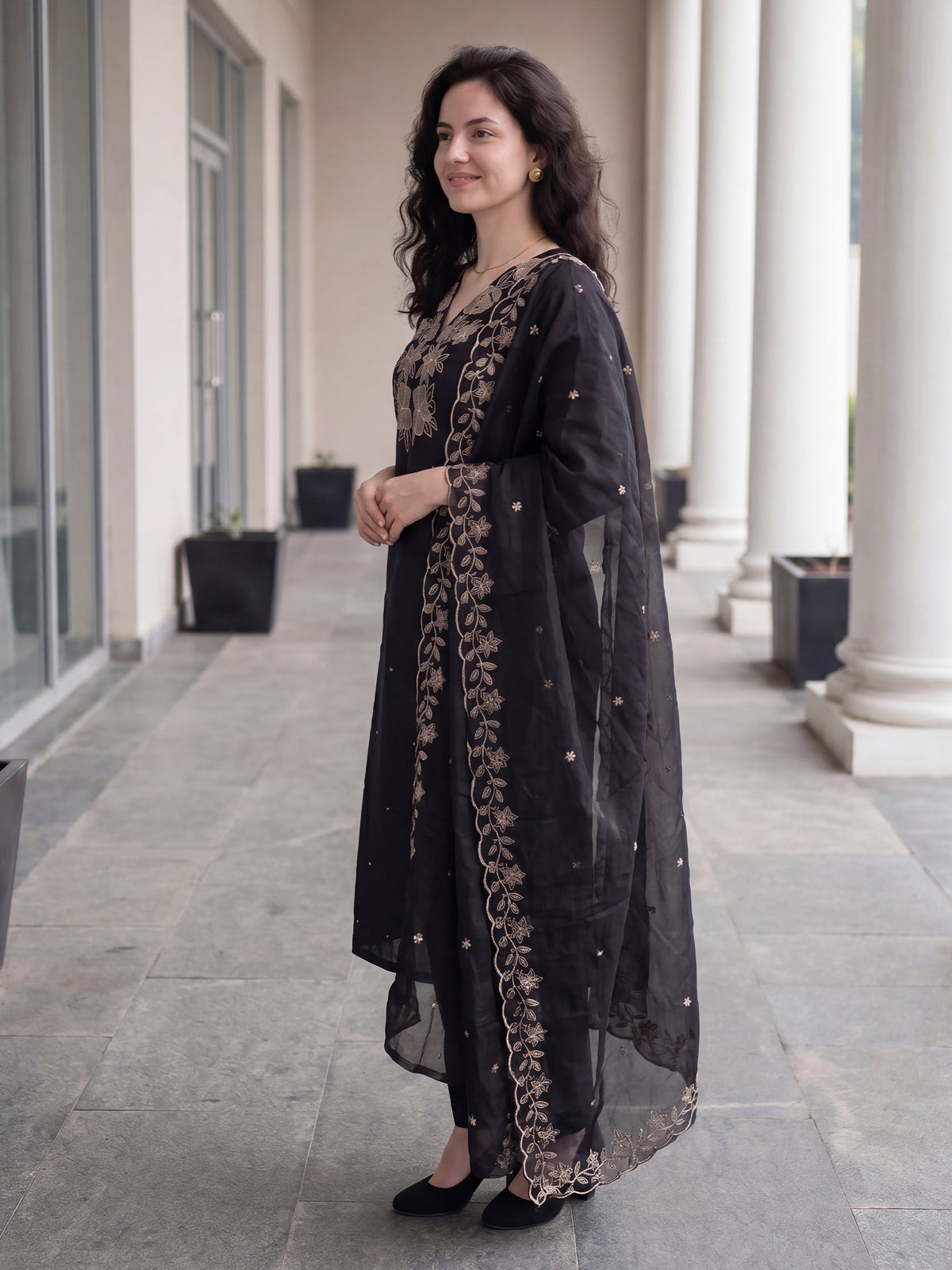 Black Embroidered Straight Kurta Trousers With Dupatta Set