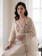 Beige Embroidered Straight Kurta Trousers With Dupatta Set
