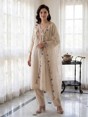 Beige Embroidered Straight Kurta Trousers With Dupatta Set