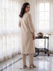 Beige Embroidered Straight Kurta Trousers With Dupatta Set