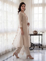 Beige Embroidered Straight Kurta Trousers With Dupatta Set