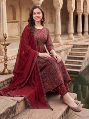 Maroon Printed A-Line Kurta Trousers With Dupatta Set