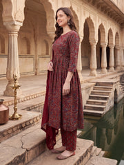 Maroon Printed A-Line Kurta Trousers With Dupatta Set