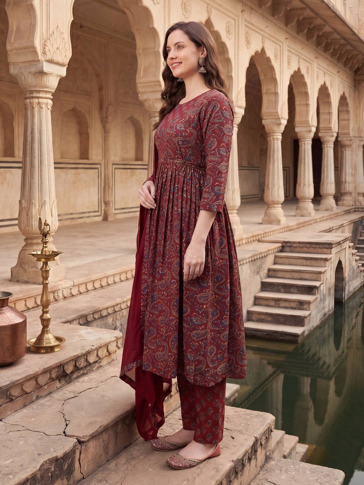 Maroon Printed A-Line Kurta Trousers With Dupatta Set