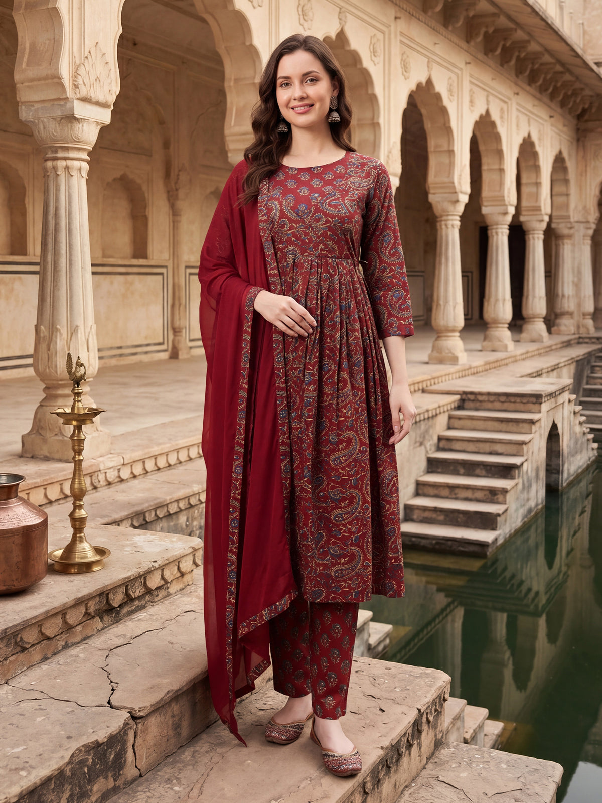 Maroon Printed A-Line Kurta Trousers With Dupatta Set