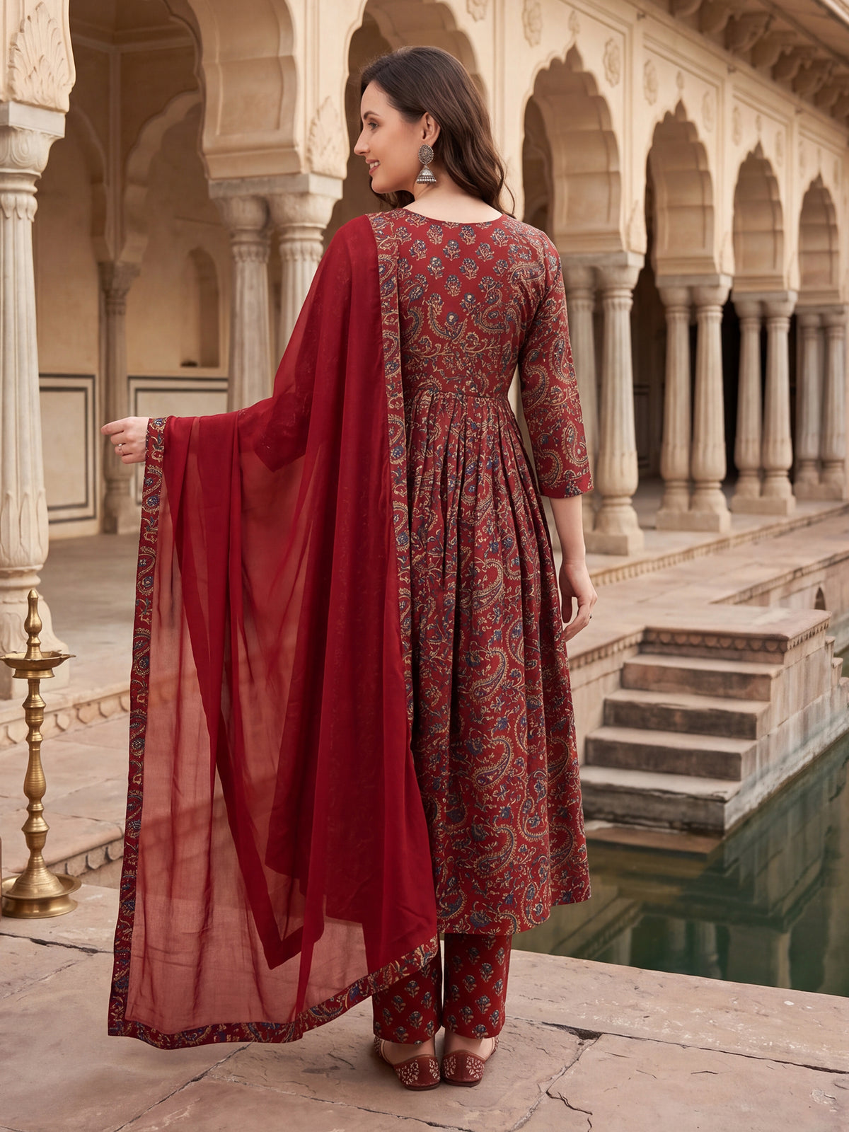 Maroon Printed A-Line Kurta Trousers With Dupatta Set